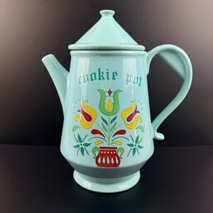 Vintage McCoy Pottery Cookie Pot Pitcher USA Aqua Wildflower Tulip 1960s